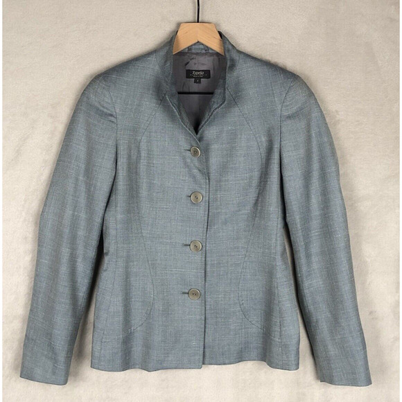 ZANELLA Platinum Loro Piana Linen Silk Wool Blazer Sz 2 Blue Jacket Career Italy - Picture 1 of 15